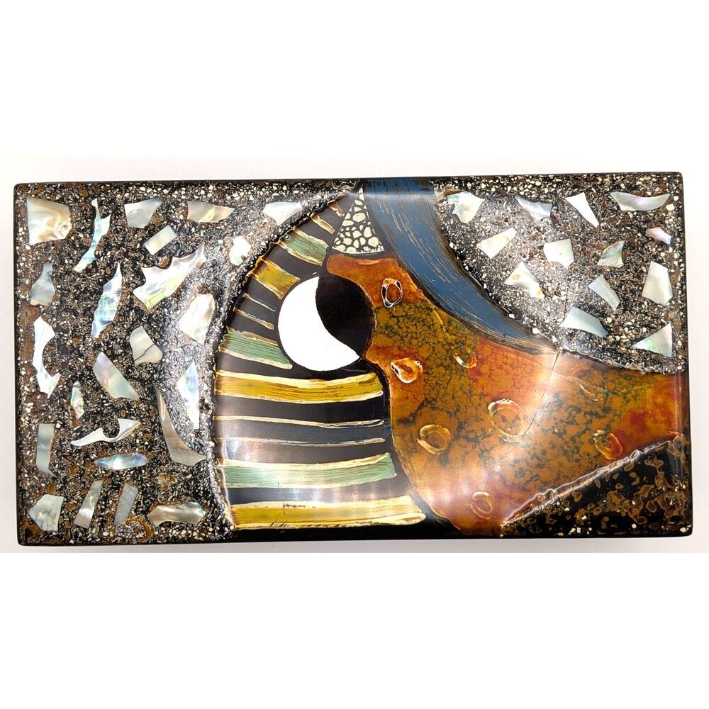 Decorative Mosaic Jewelry Box Abalone Shell Inlay 3D Egyptian Cat Trinket READ